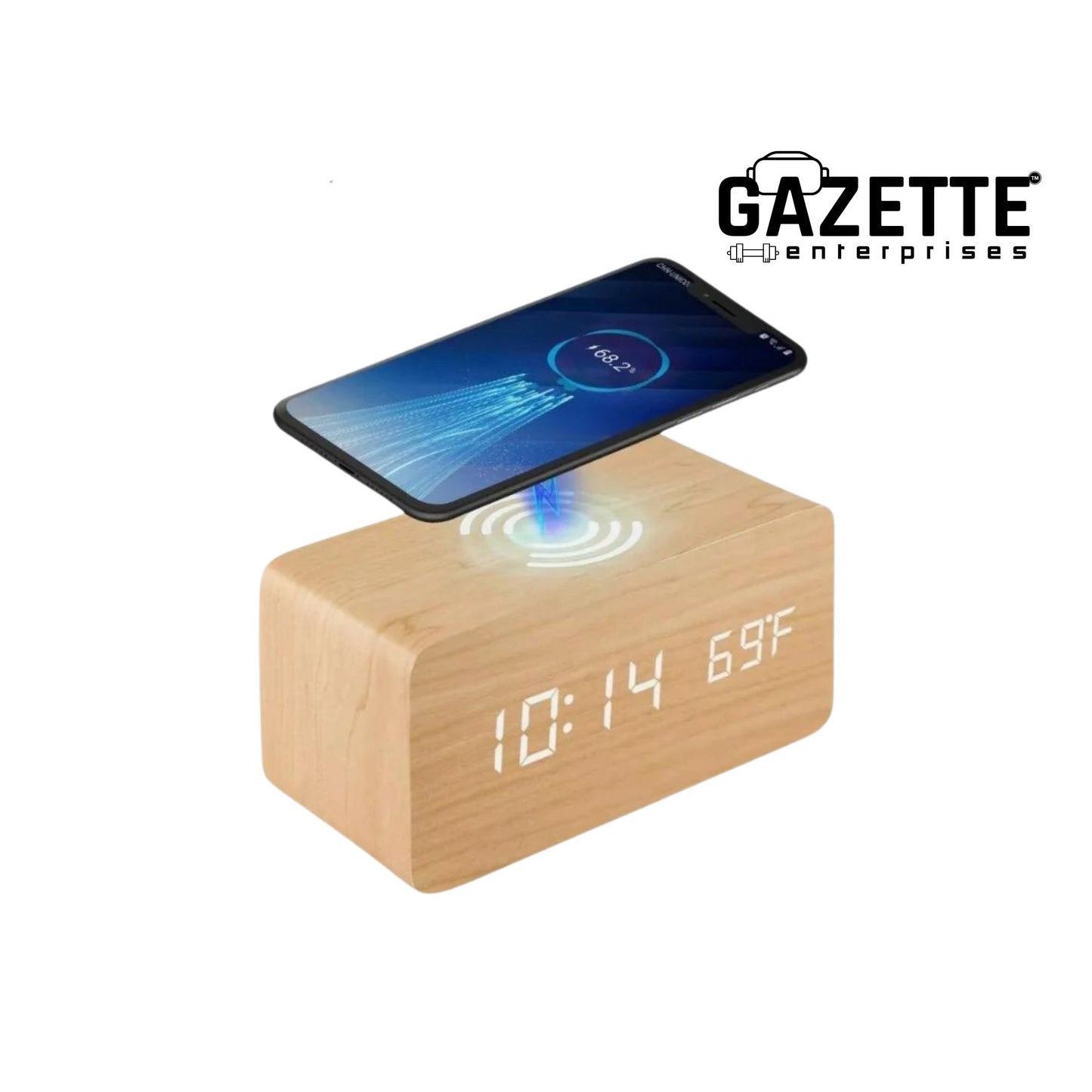 Wooden Digital Alarm Clock with Wireless Phone Charging Pad