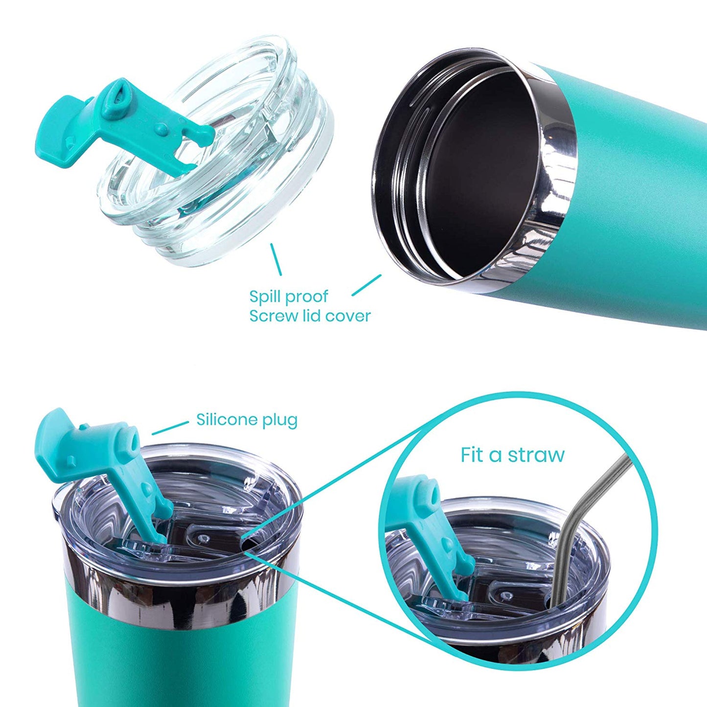 20oz Insulated Tumbler w/Spill Proof Lid, 2 Straws(Teal)