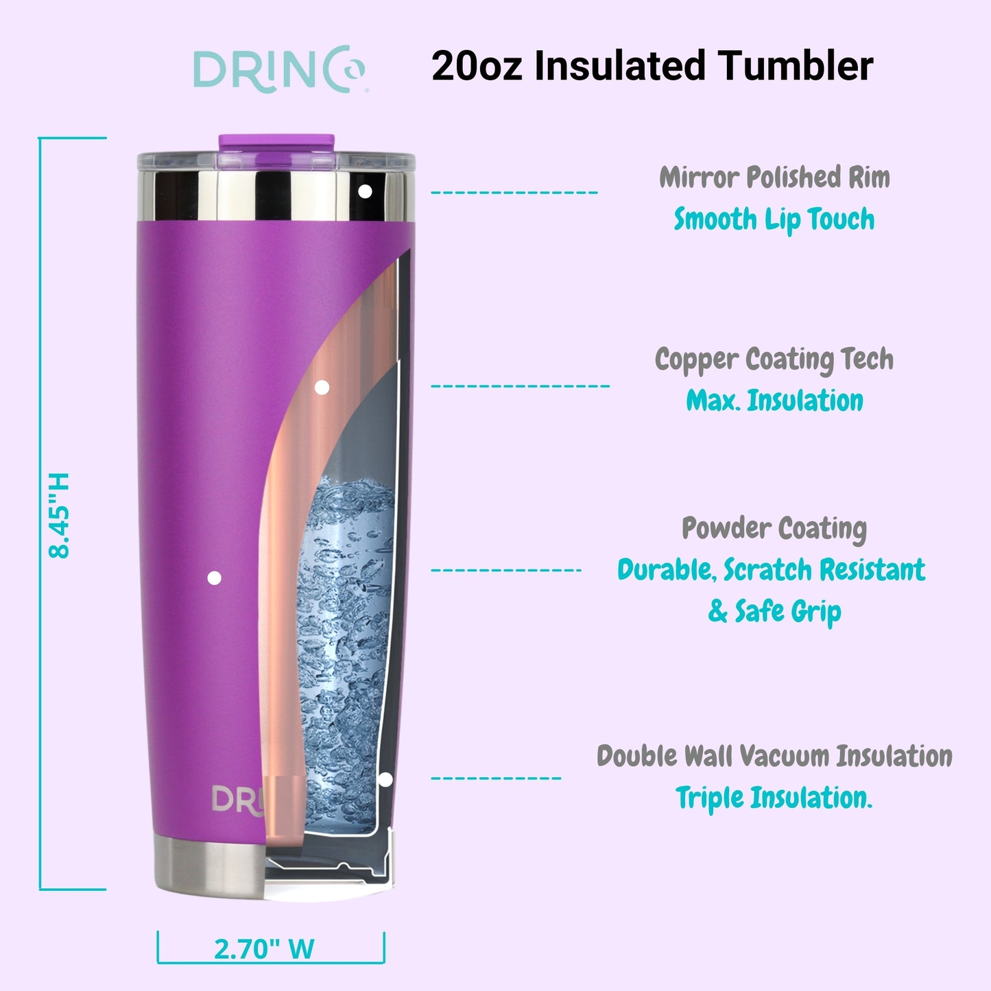 20oz Insulated Tumbler w/Spill Proof Lid, 2 Straws(Purple)