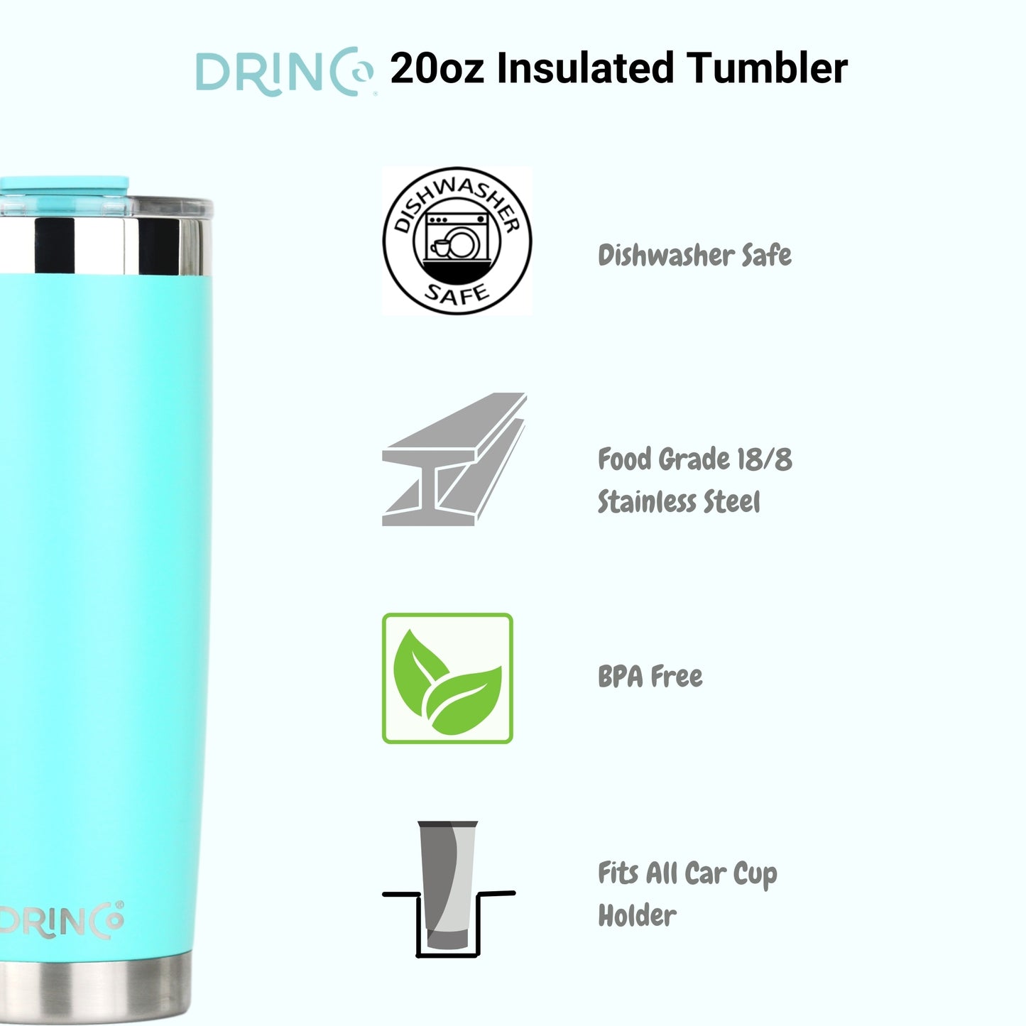 20oz Insulated Tumbler w/Spill Proof Lid, 2 Straws(Teal)