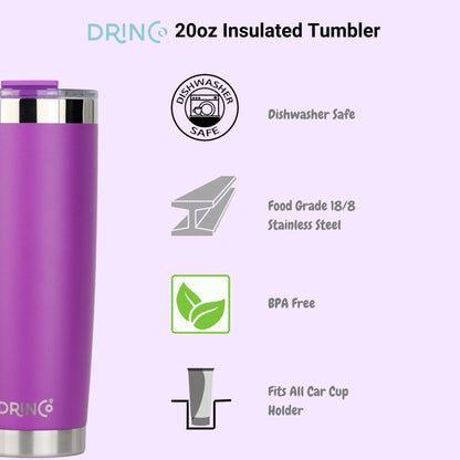 20oz Insulated Tumbler w/Spill Proof Lid, 2 Straws(Purple)