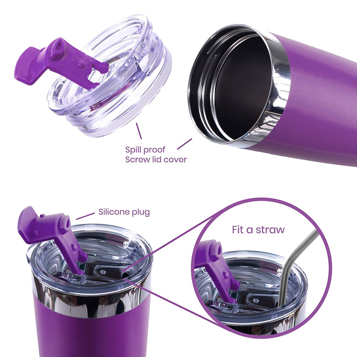 20oz Insulated Tumbler w/Spill Proof Lid, 2 Straws(Purple)